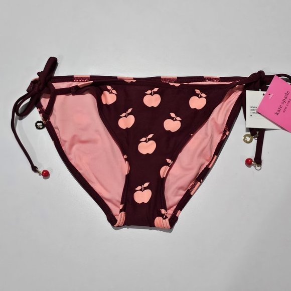 Kate Spade New York Apple-Print String Bikini Bottoms Deep Fig Size Medium - Picture 2 of 9